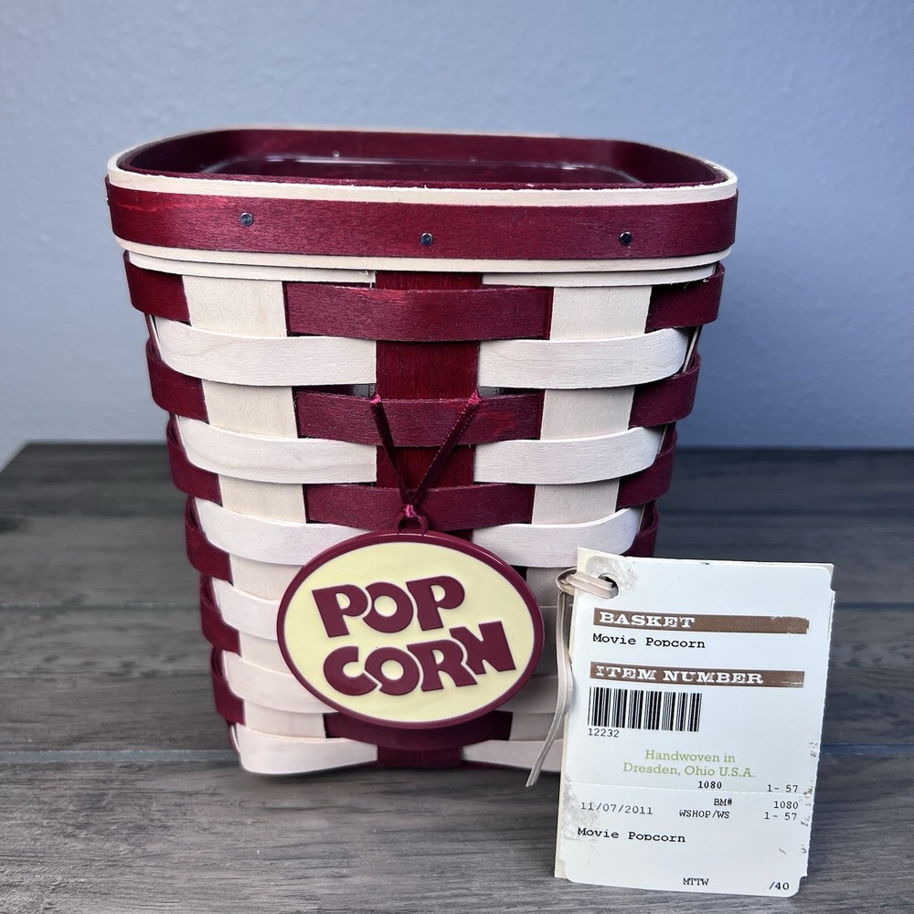 Longaberger 2011 Movietime Movie Popcorn Basket, hard protector, metal tie on